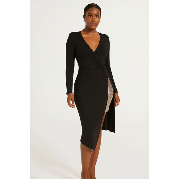 BCBG Faux Wrap Black Long Sleeve Dress‎ w/ Gold Sequin Detail - Size 4 - Picture 1 of 10